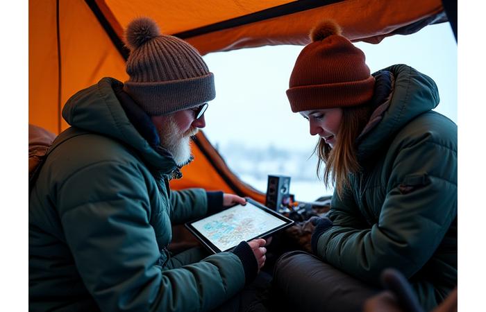 Researchers and Arctic Hearth guides analyzing data in a field tent, surrounded by pristine nature.