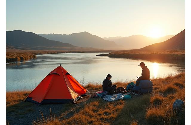 A small group practicing leave-no-trace camping in a remote, clean Arctic wilderness.