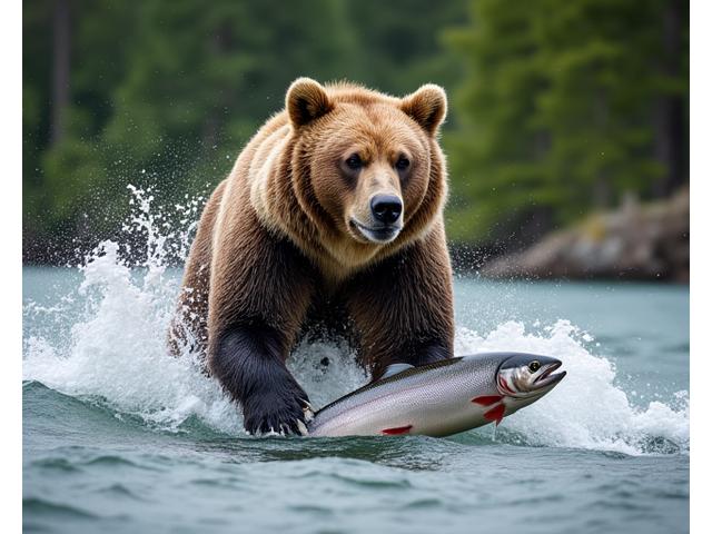 A formidable grizzly bear fishing for salmon in a pristine Arctic river