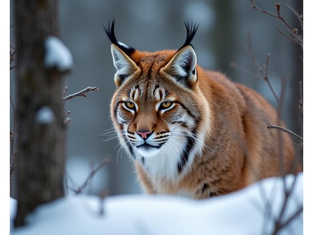 Elusive Canadian Lynx camouflaged in a coniferous forest, amber eyes visible