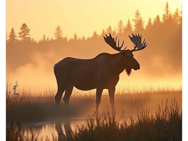 A massive bull moose grazing peacefully in a wetland area at dawn