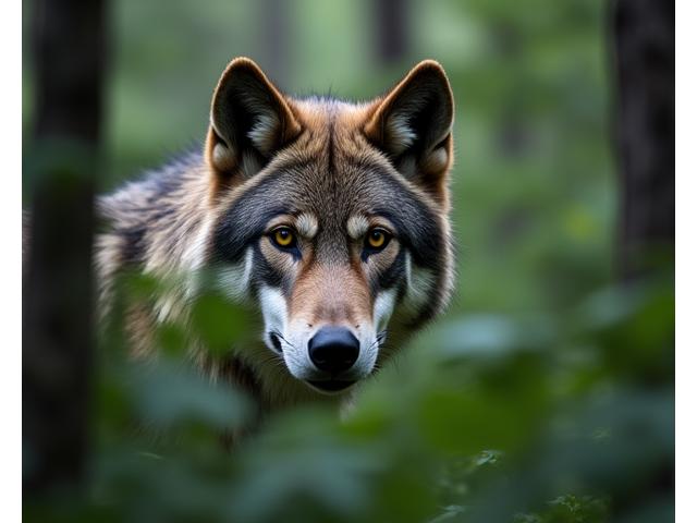Powerful grey wolf staring intently through dense forest undergrowth